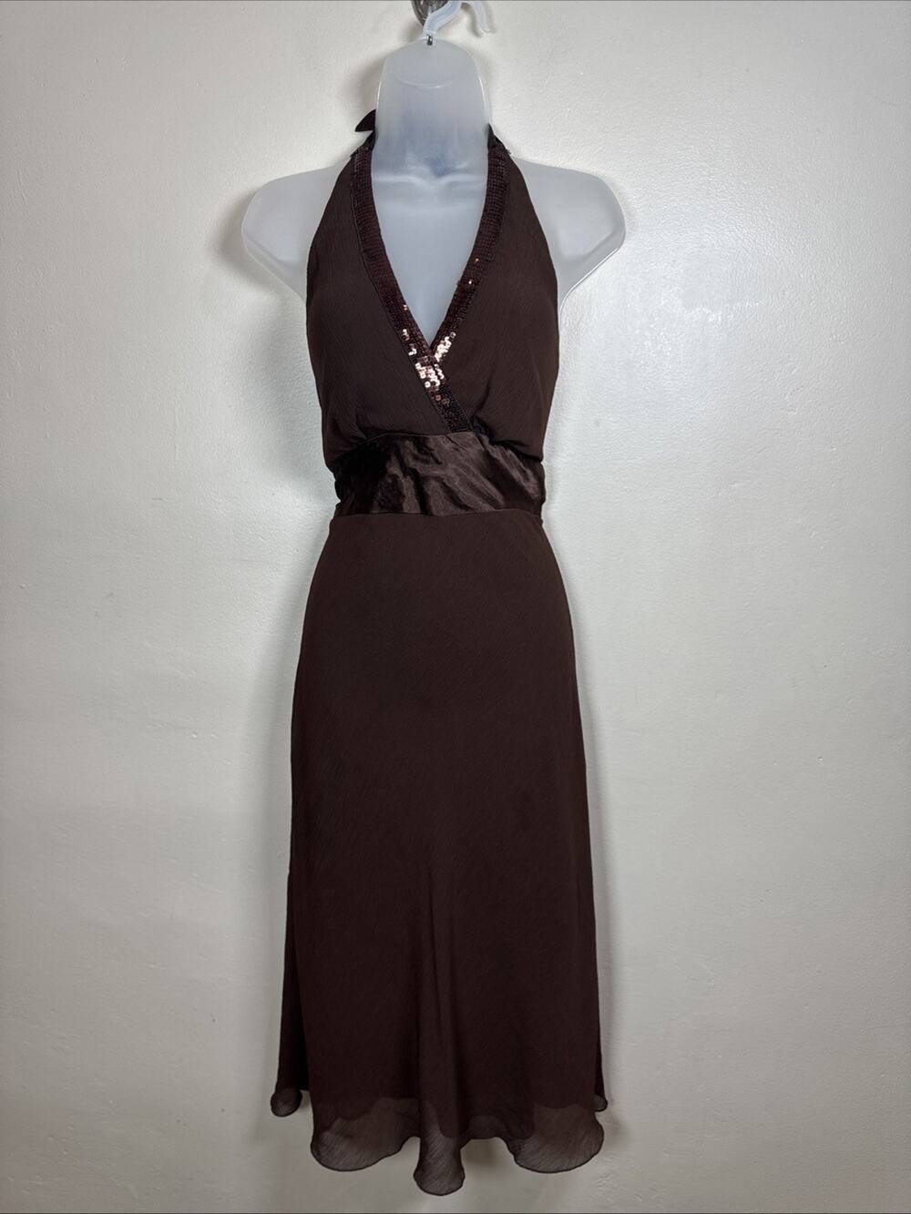 VTG Dress Barn Womens Halter Midi Dress Y2K 90s Chocolate Brown Sequin 12